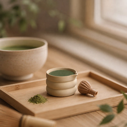 Matcha Bowl Clicker pocket comfort object — cozy desk lifestyle photo