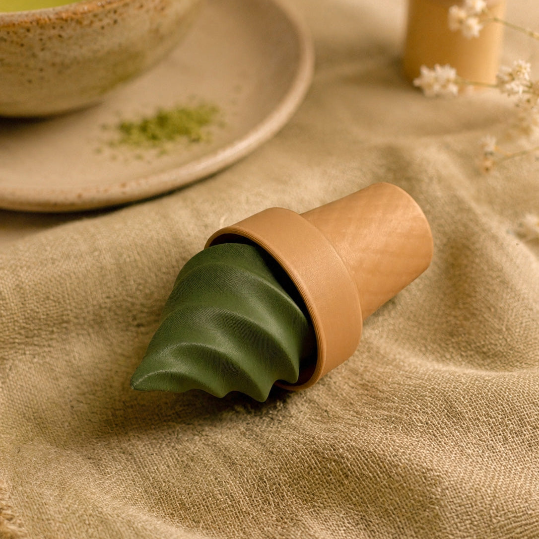 Matcha Soft Serve Clicker pocket comfort object — styled flat lay