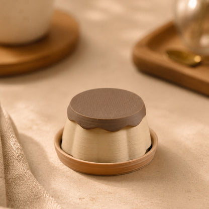 Pudding Clicker pocket comfort object on desk — cozy aesthetic